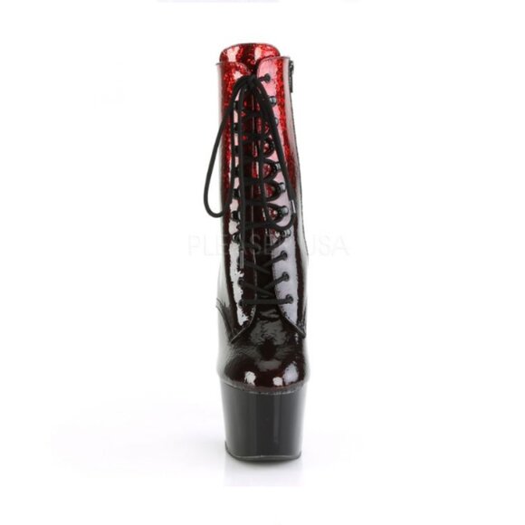 Pleaser ADORE Red Glitter Patented Ombre 7" Platform Stiletto Heel Lace Up Boots - Picture 4 of 16